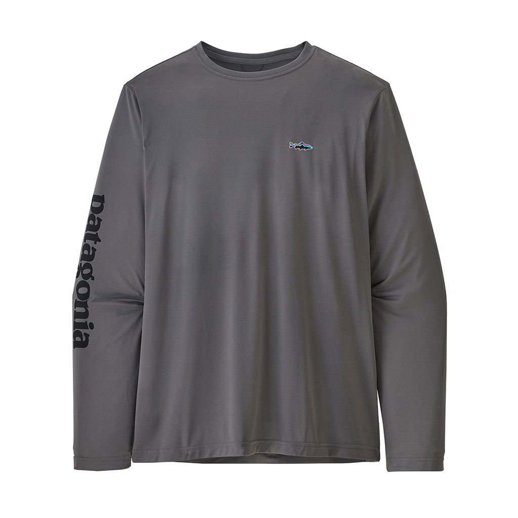 Patagonia Men's Long-Sleeved Capilene Cool Daily Fish Graphic Shirt - Text Logo: Nobel Grey